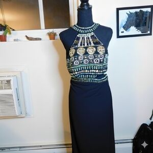 Crystal Doll Black Halter Dress with Beaded Accents